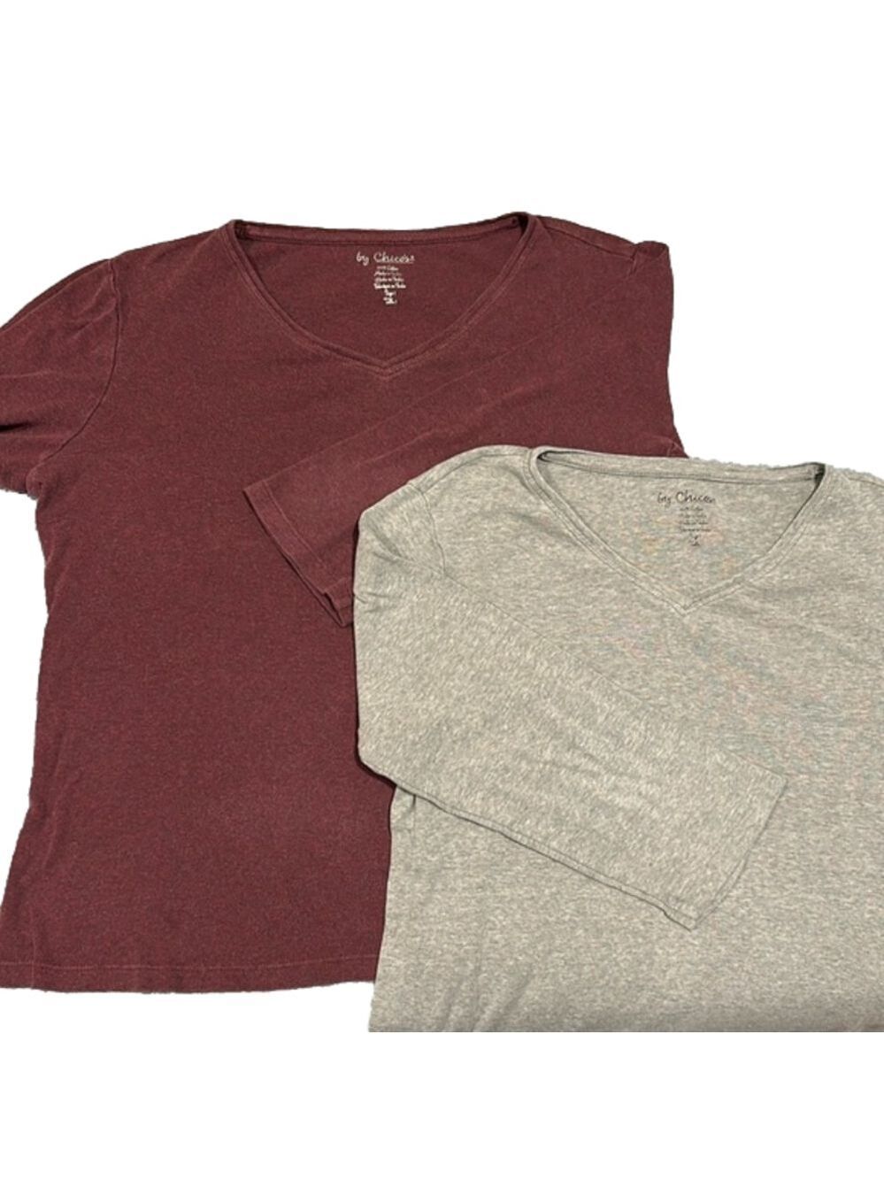 Chico’s 2 Pack Maroon and Grey 3/4 Sleeve V-Neck T-Shirt Lot Bundle Size 1